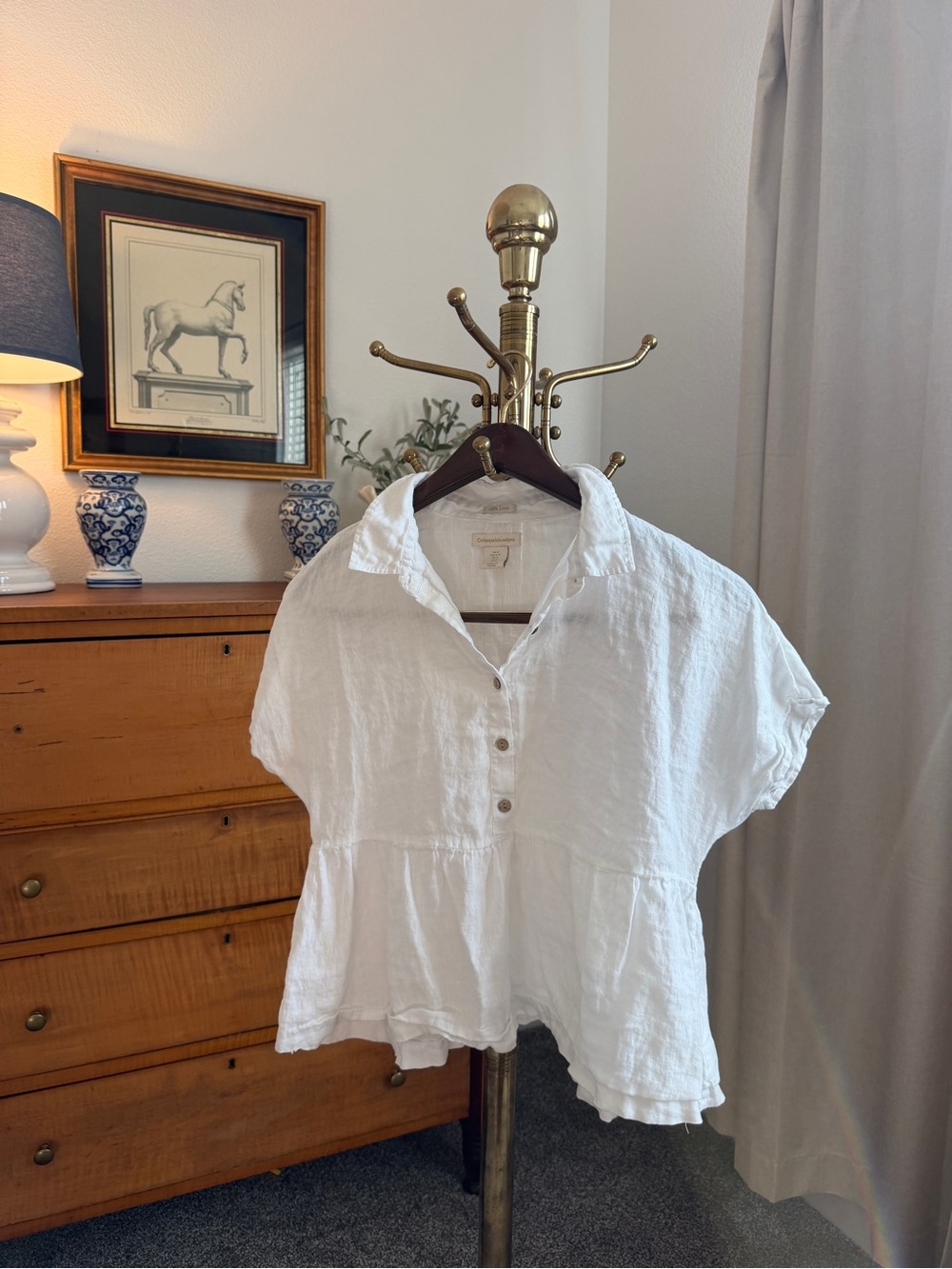 Lightweight White Linen Peplum Button-Front Top - Catherine Malandrino